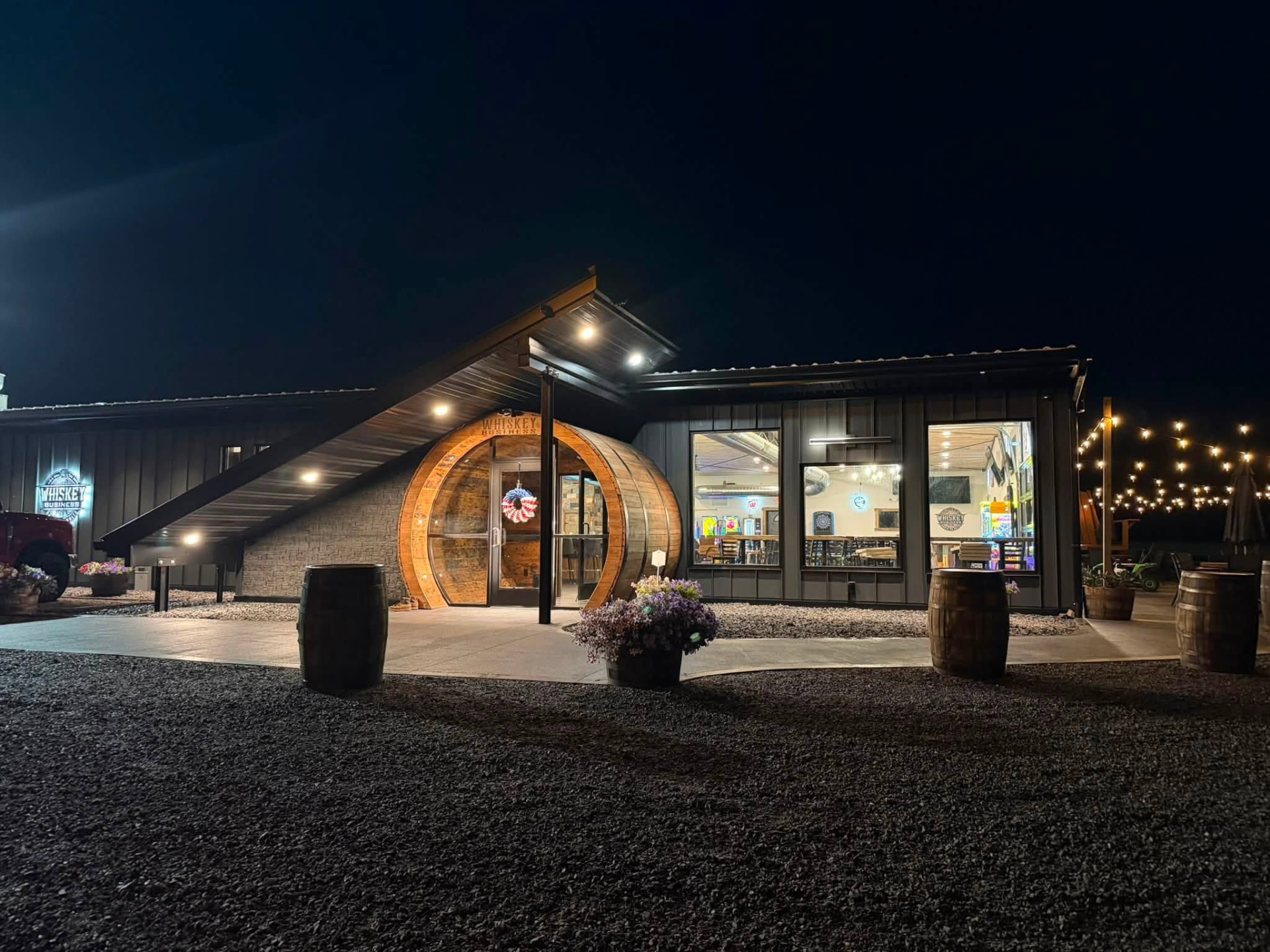 Whiskey Business lit up at night in Merrill, Wisconsin