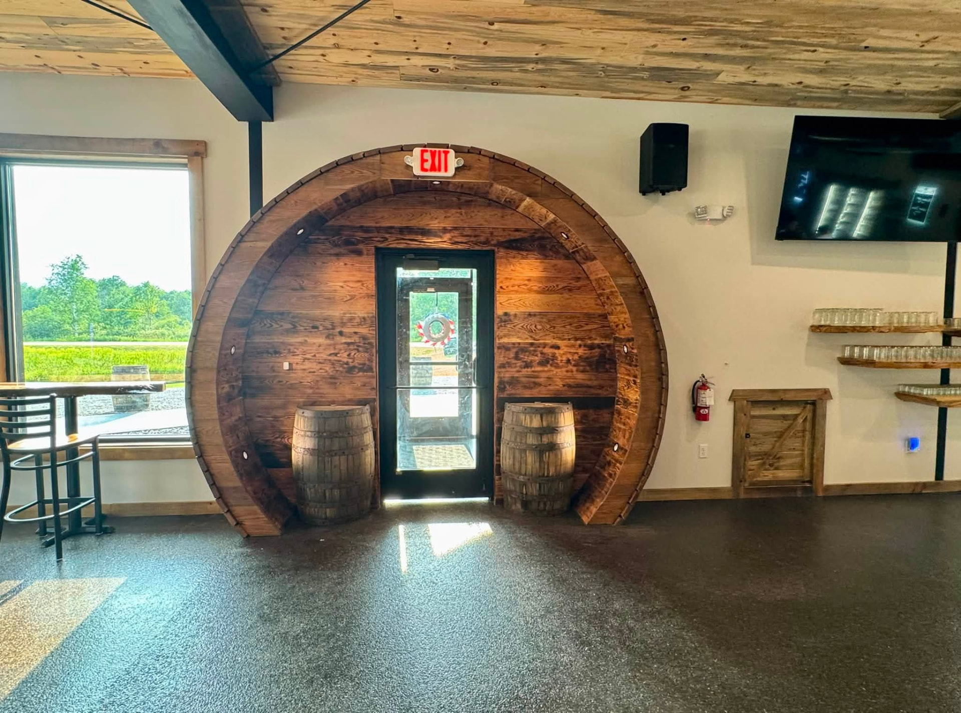 The barrel door entrance seen from inside Whiskey Business